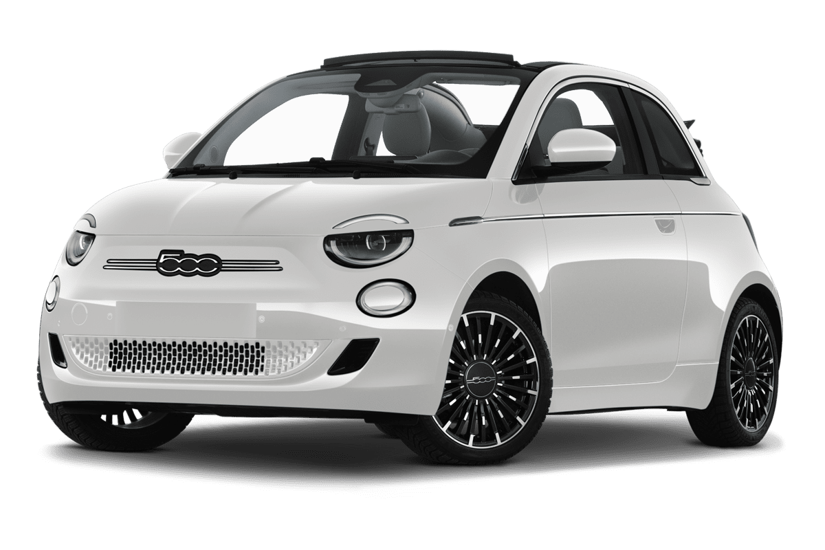 Tiefe, schräge Heckansicht eines Fiat 500e Cabrio, freigestellt (KI-generiert)