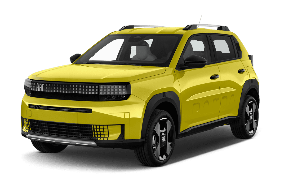 Schräge Frontansicht eines Fiat Grande Panda Elektro (neues Modell), freigestellt