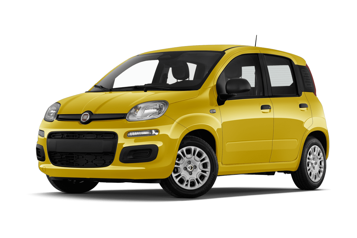 Tiefe, schräge Heckansicht eines Fiat Pandina Hybrid, freigestellt