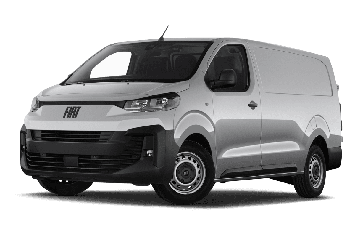 Tiefe, schräge Heckansicht eines Fiat Scudo Kastenwagen, freigestellt