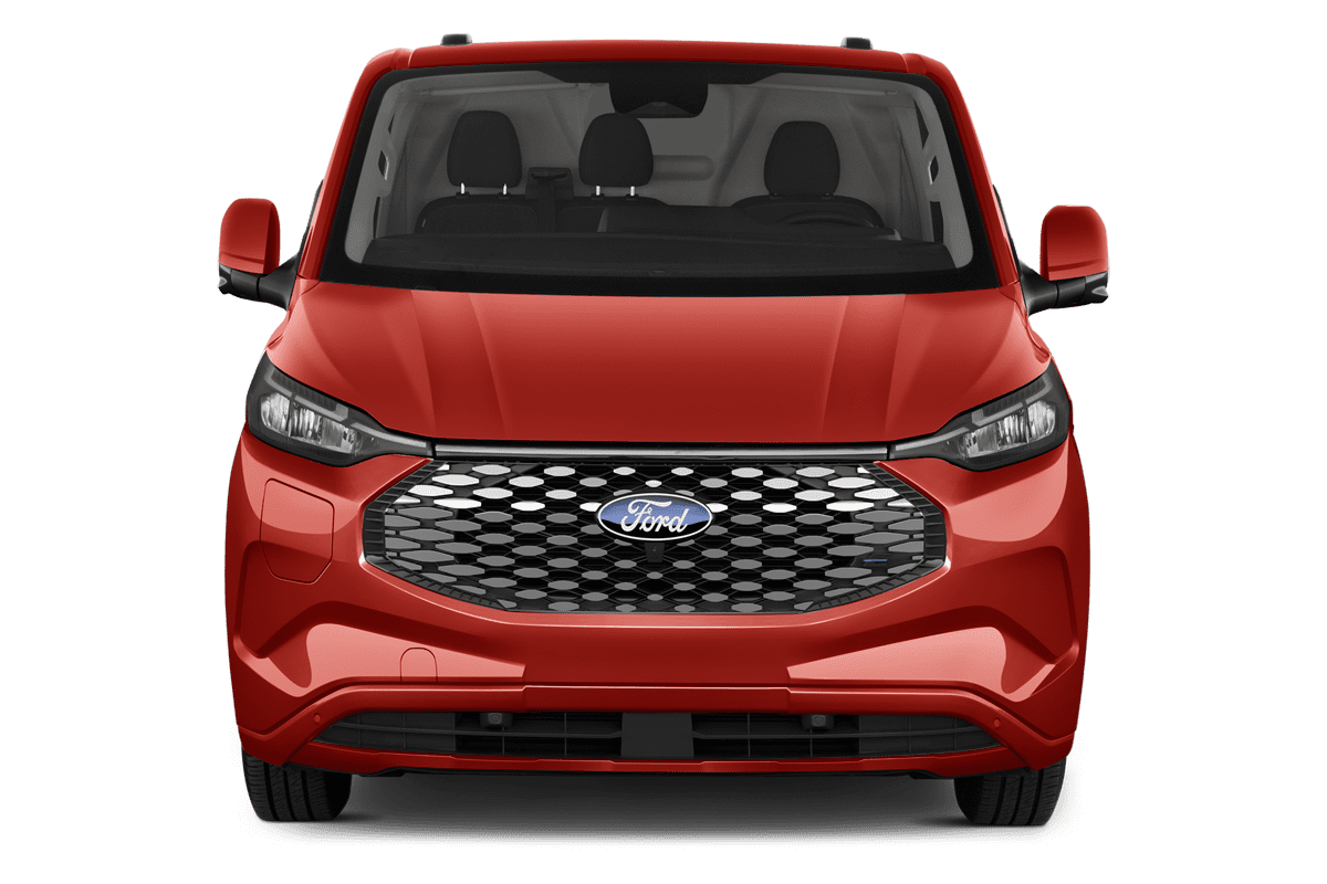 Frontansicht eines Ford Transit E-Custom Kastenwagen, freigestellt