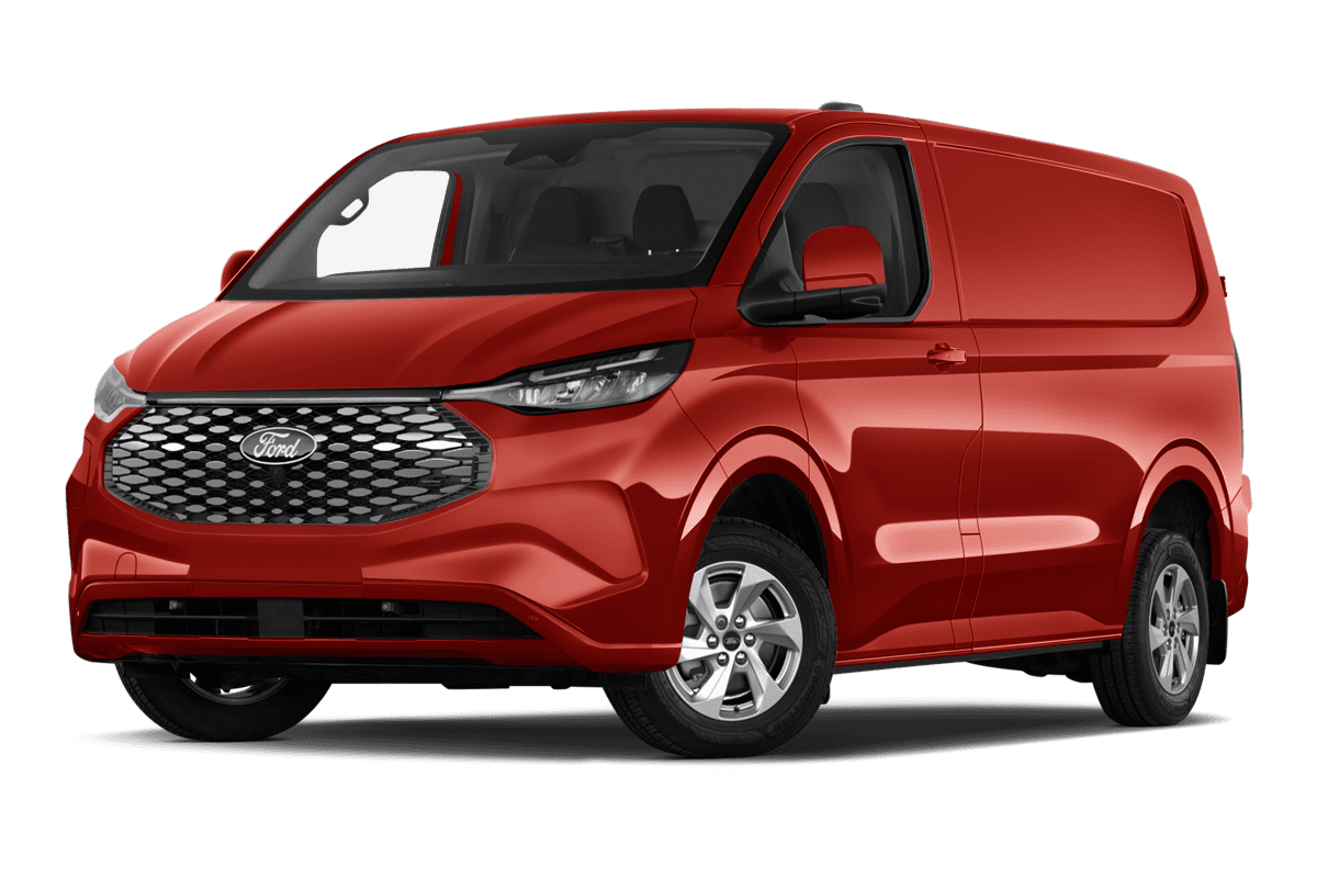 Tiefe, schräge Heckansicht eines Ford Transit E-Custom Kastenwagen, freigestellt