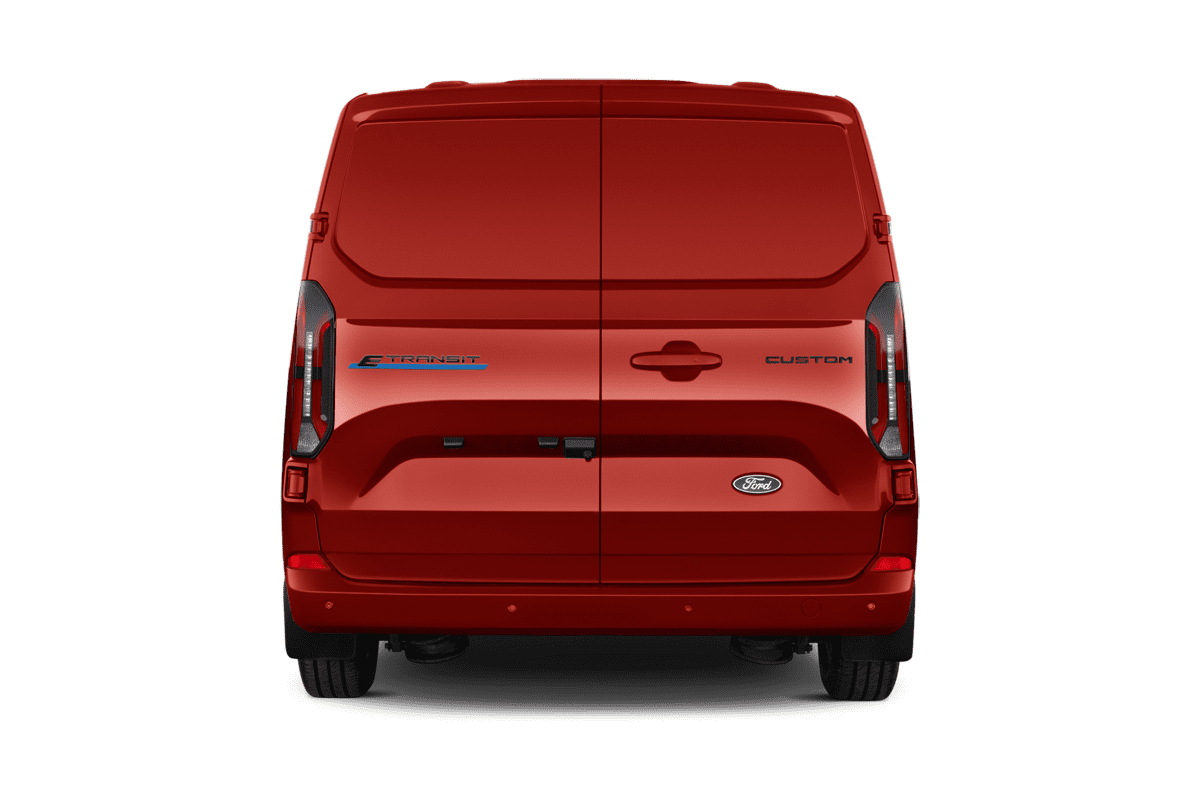 Heckansicht eines Ford Transit E-Custom Kastenwagen