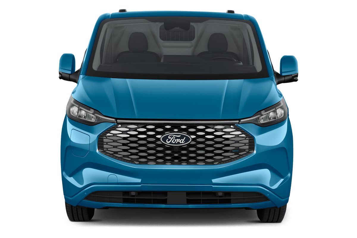 Frontansicht eines Ford Transit E-Custom Kastenwagen, freigestellt