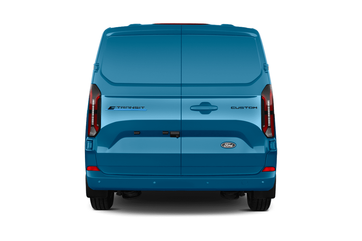 Heckansicht eines Ford Transit E-Custom Kastenwagen