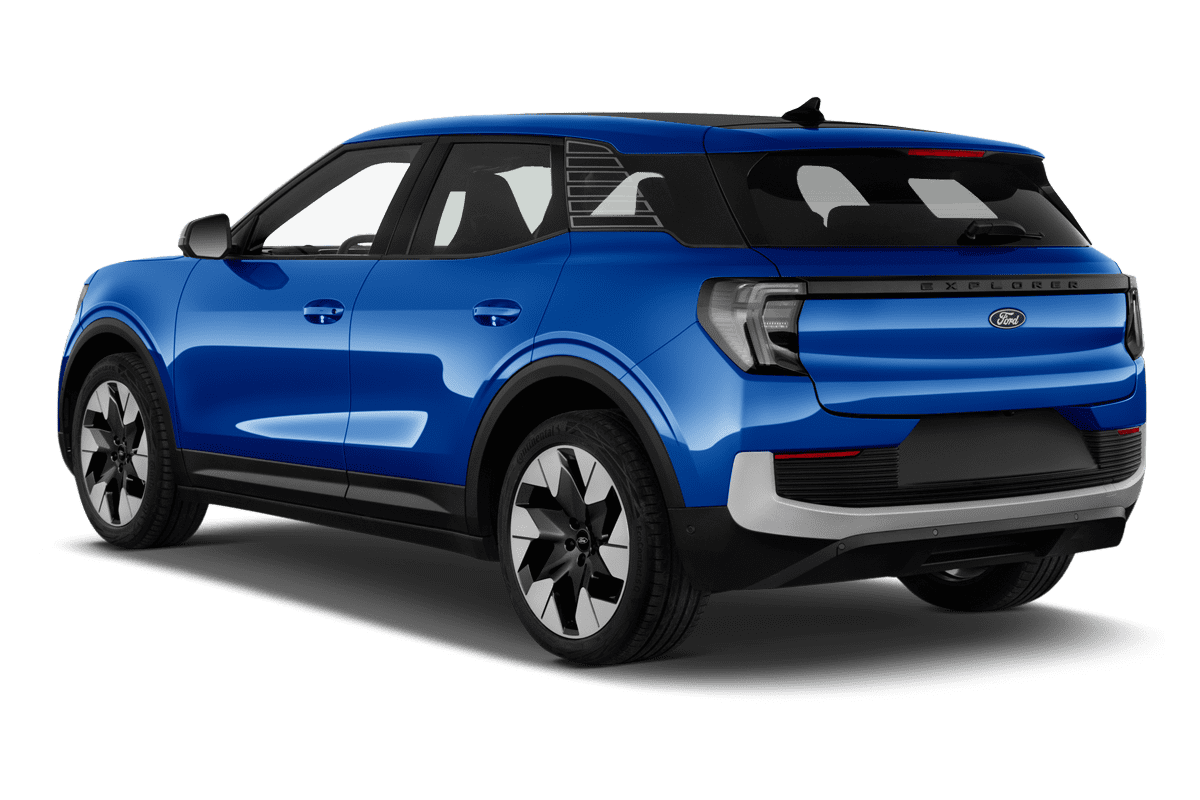 Schräge Heckansicht eines Ford e-Explorer, freigestellt