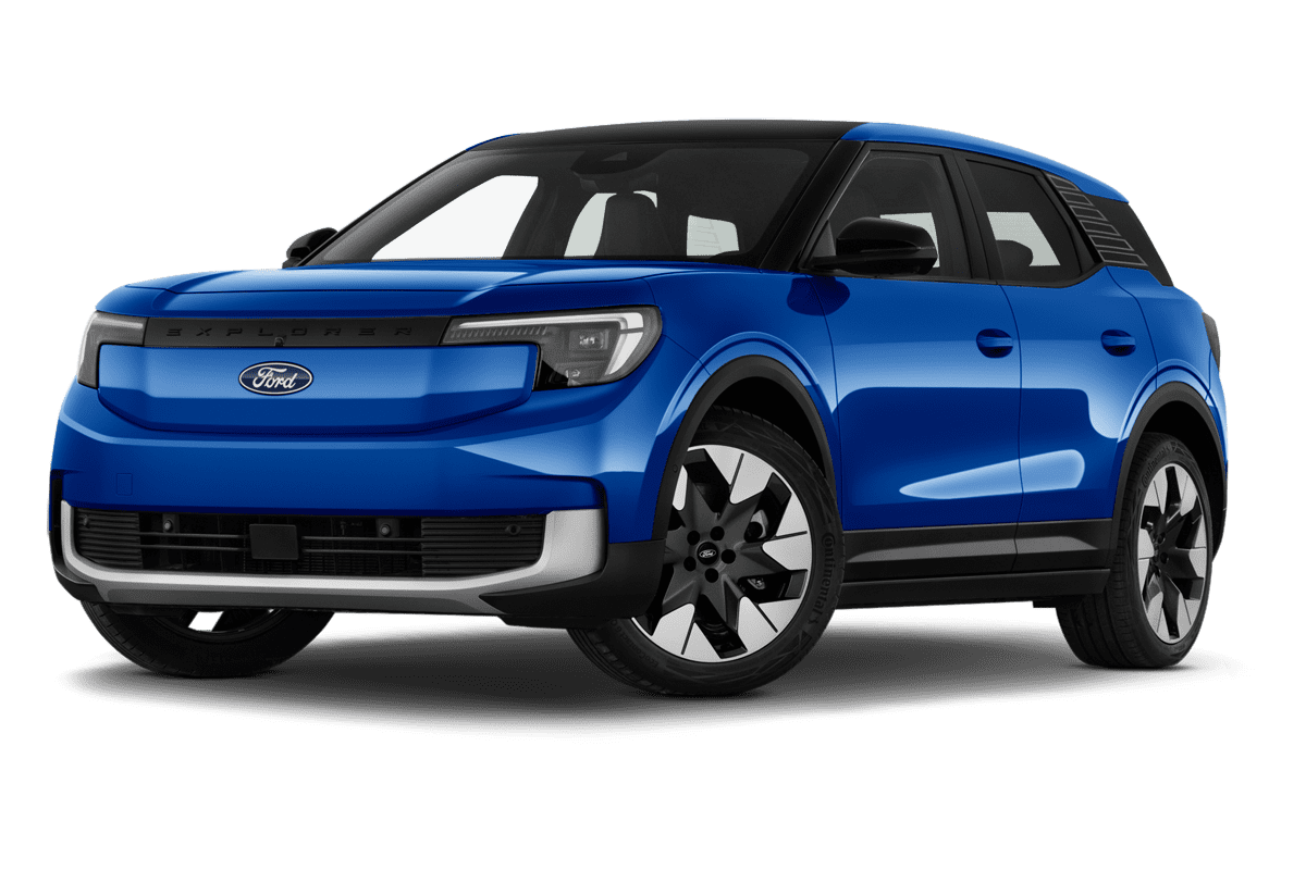 Tiefe, schräge Heckansicht eines Ford e-Explorer, freigestellt