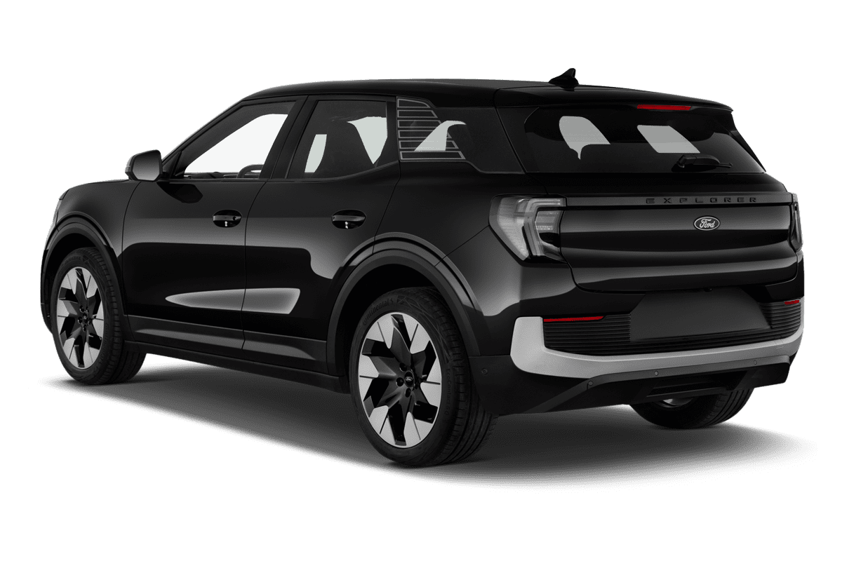 Schräge Heckansicht eines Ford e-Explorer, freigestellt