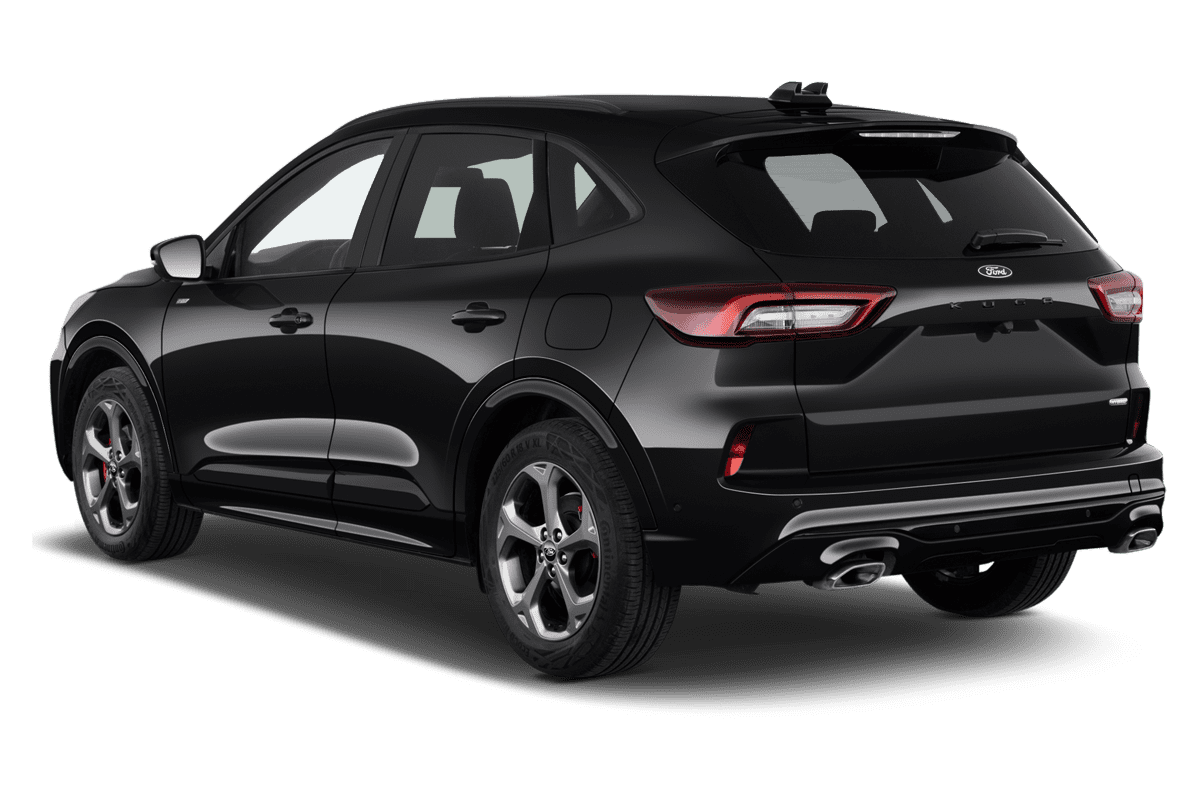 Schräge Heckansicht eines Ford Kuga Hybrid , freigestellt