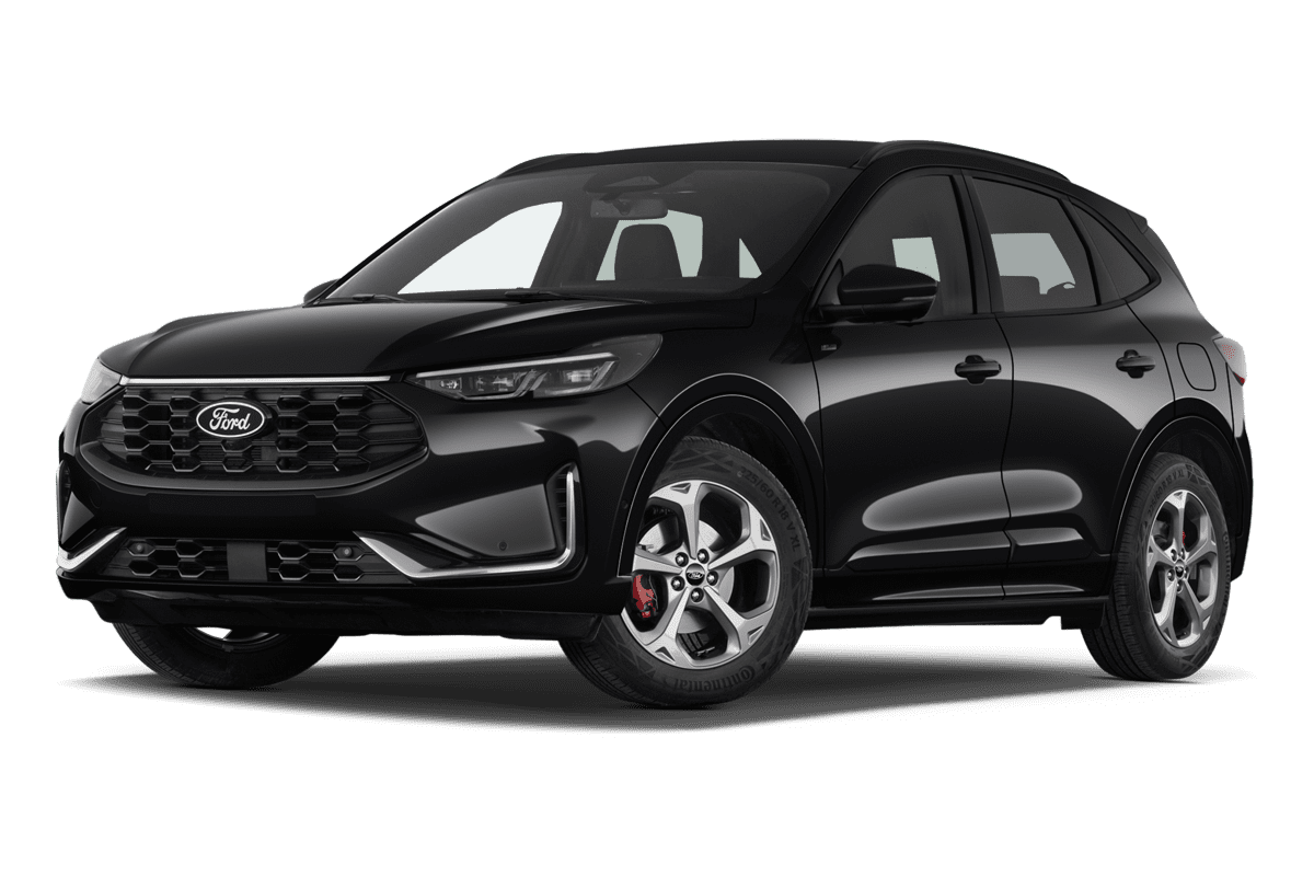 Tiefe, schräge Heckansicht eines Ford Kuga Hybrid , freigestellt