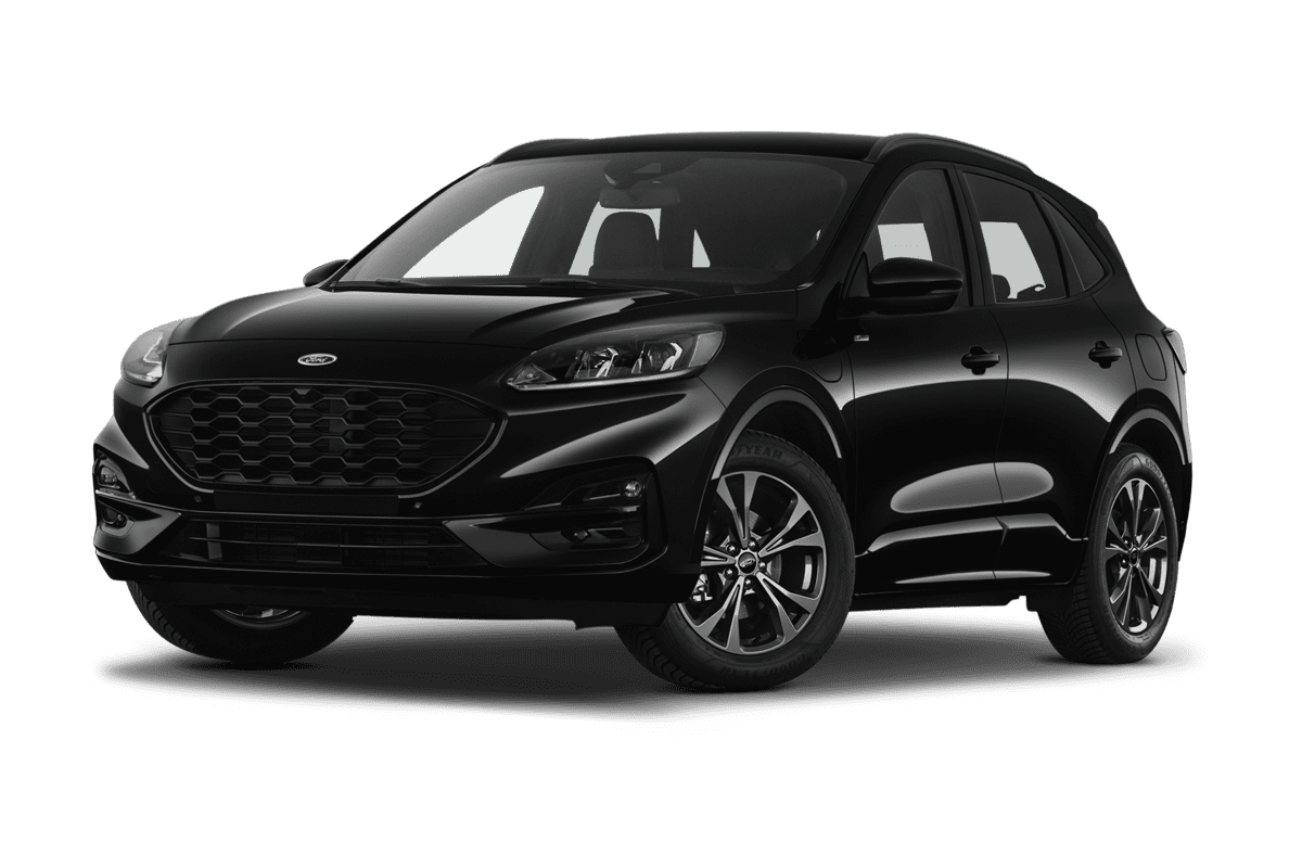 Tiefe, schräge Heckansicht eines Ford Kuga Plug-in-Hybrid , freigestellt