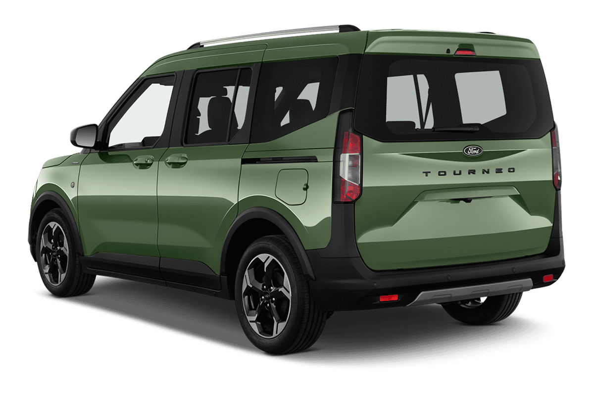 Schräge Heckansicht eines Ford E-Tourneo Courier , freigestellt