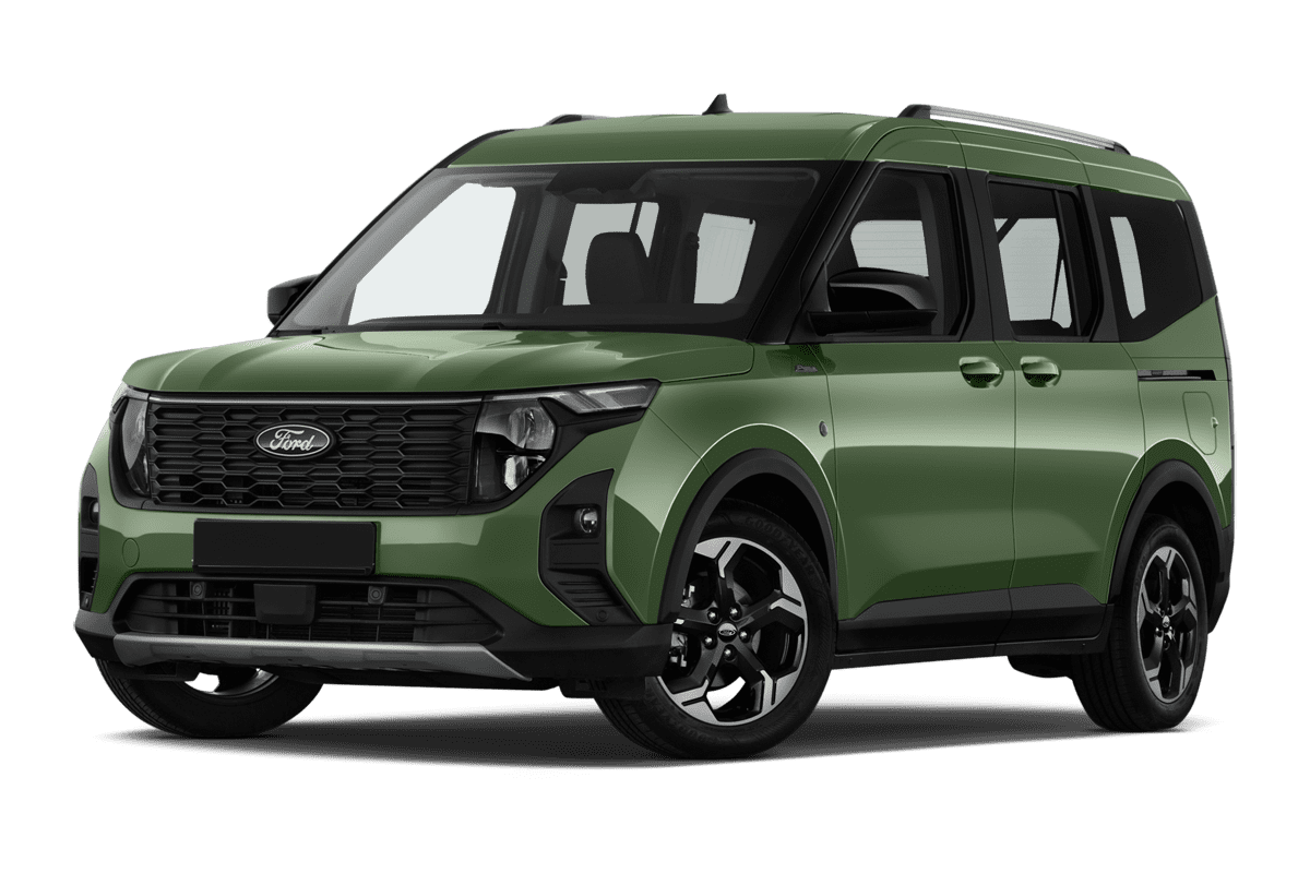 Tiefe, schräge Heckansicht eines Ford E-Tourneo Courier , freigestellt