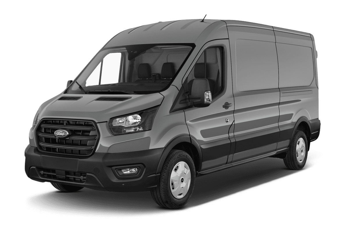 Schräge Frontansicht eines Ford Transit Kastenwagen, freigestellt