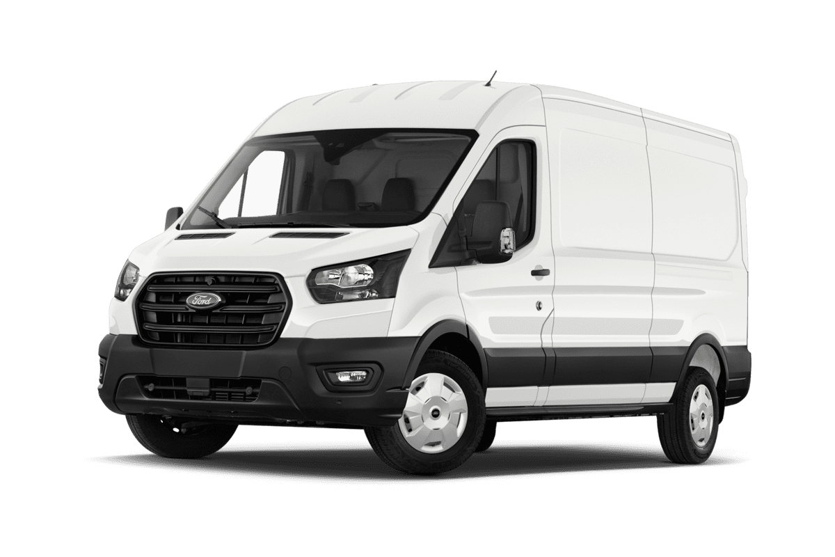 Tiefe, schräge Heckansicht eines Ford Transit Kastenwagen, freigestellt