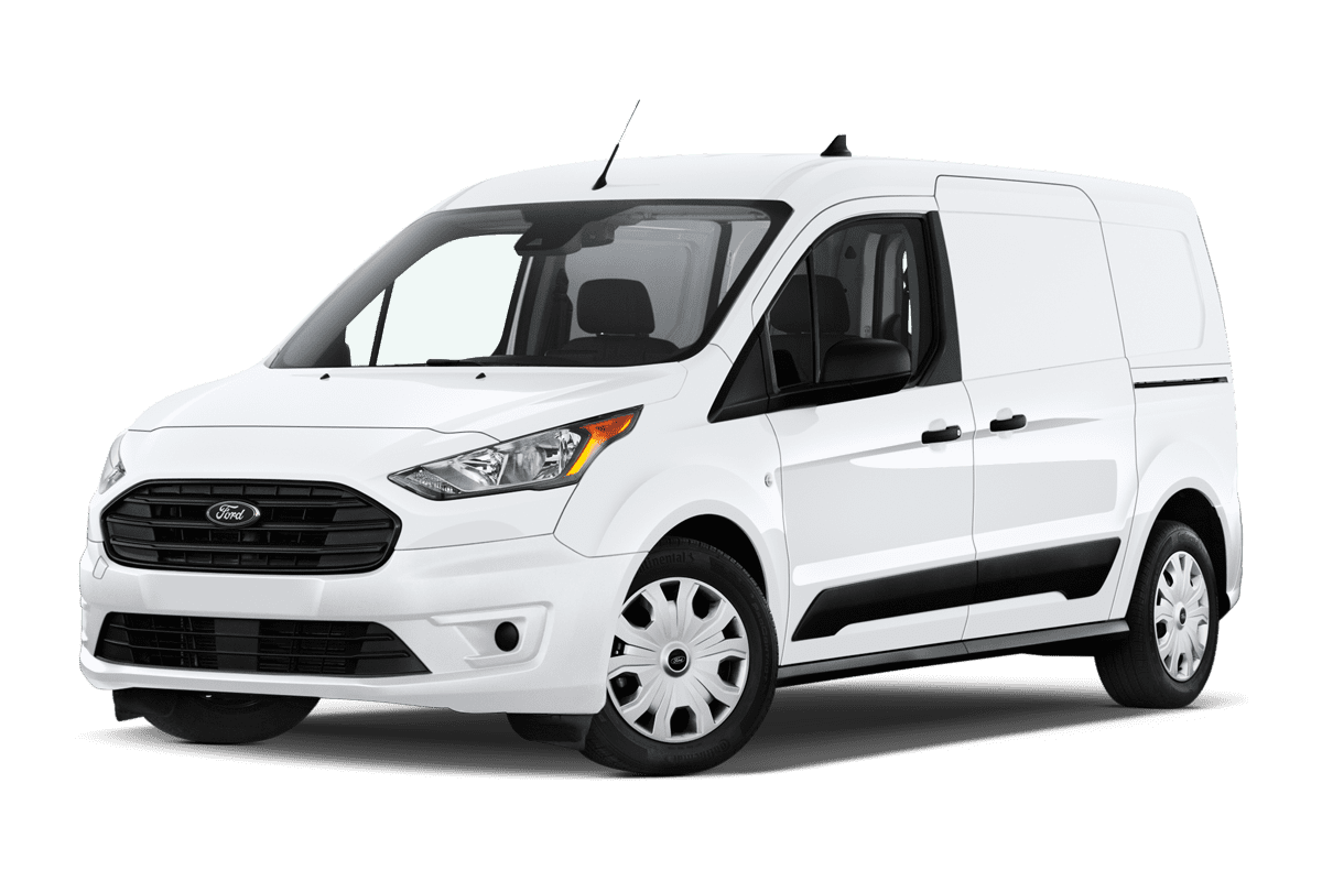 Tiefe, schräge Heckansicht eines Ford Transit Connect Kastenwagen , freigestellt