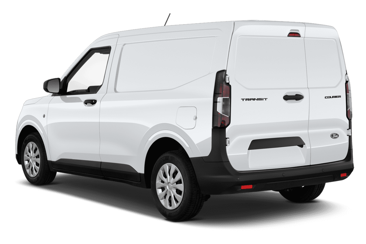 Schräge Heckansicht eines Ford Transit Courier Kastenwagen , freigestellt