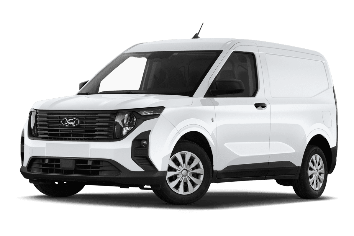 Tiefe, schräge Heckansicht eines Ford Transit Courier Kastenwagen , freigestellt