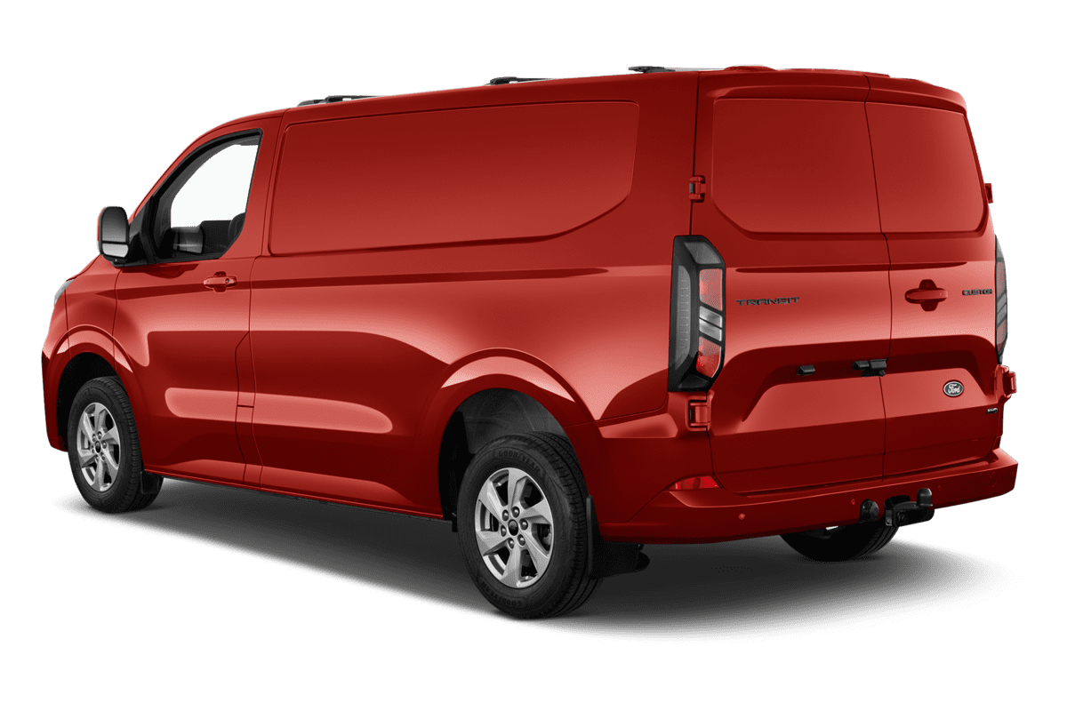 Schräge Heckansicht eines Ford Transit Custom Kastenwagen , freigestellt