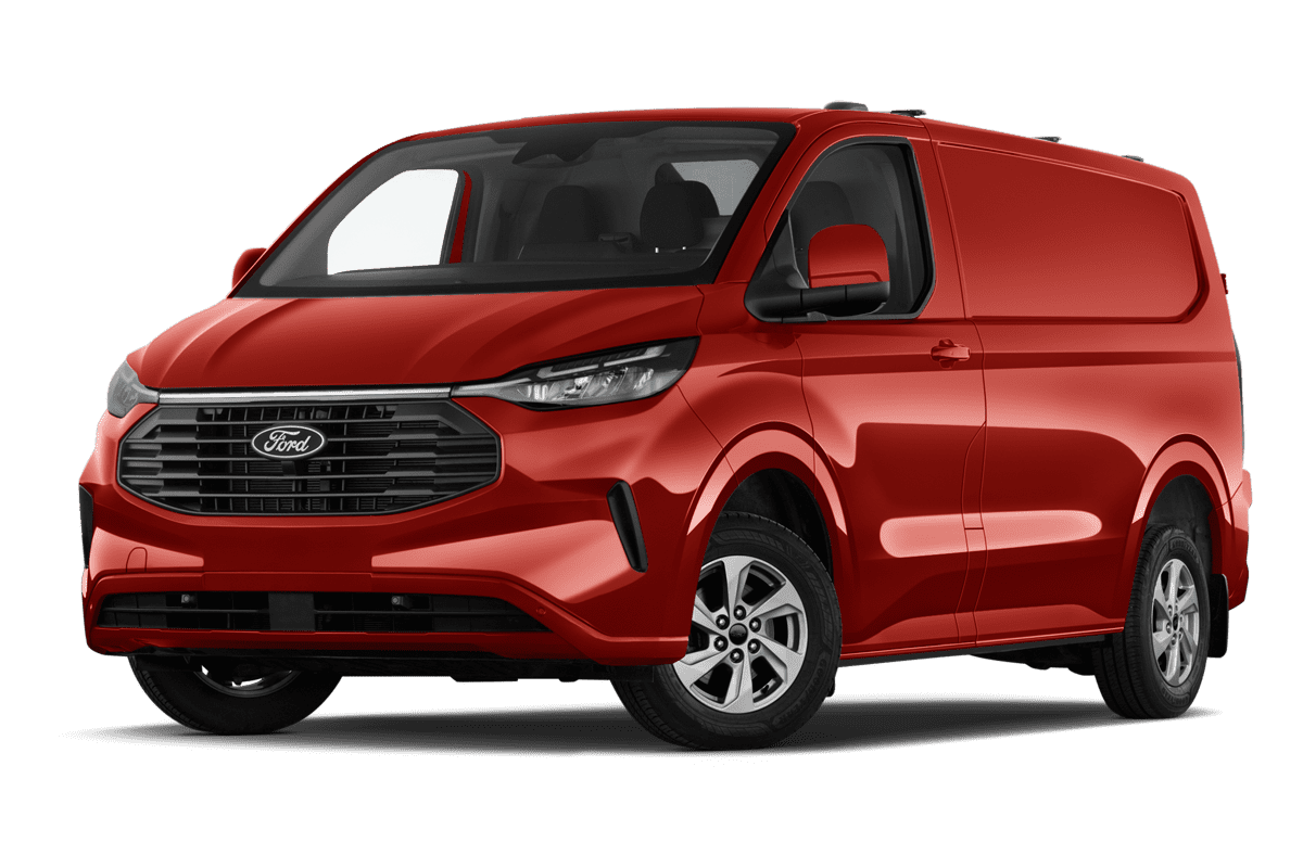 Tiefe, schräge Heckansicht eines Ford Transit Custom Kastenwagen , freigestellt