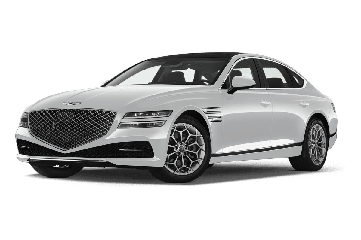 Tiefe, schräge Heckansicht eines Genesis G80, freigestellt