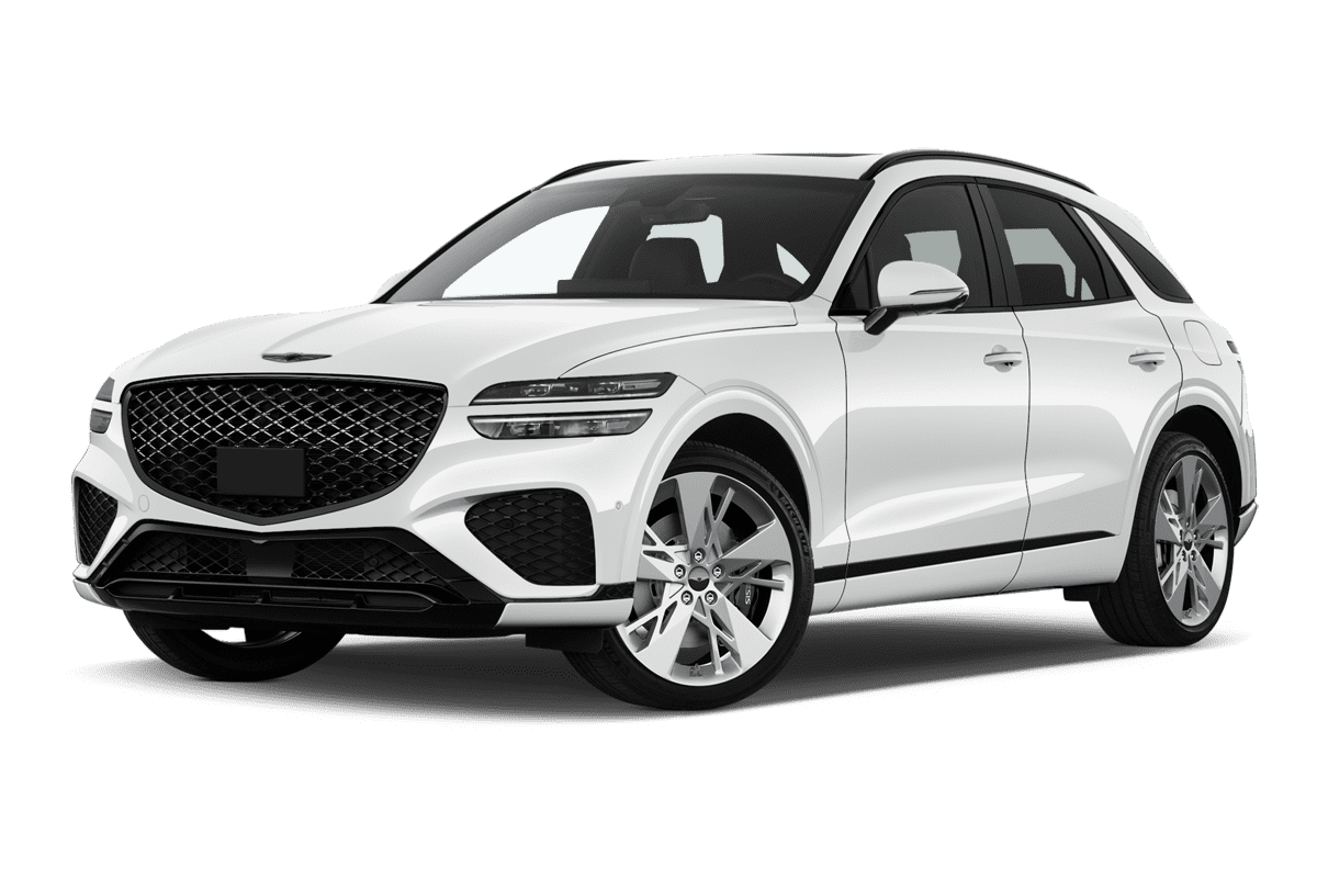 Tiefe, schräge Heckansicht eines Genesis GV70, freigestellt