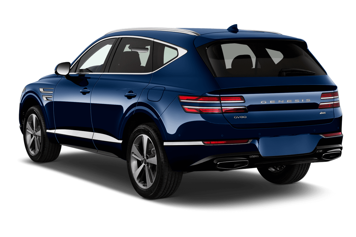 Schräge Heckansicht eines Genesis GV80, freigestellt