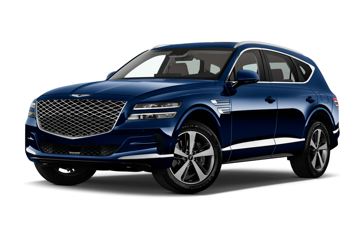 Tiefe, schräge Heckansicht eines Genesis GV80, freigestellt