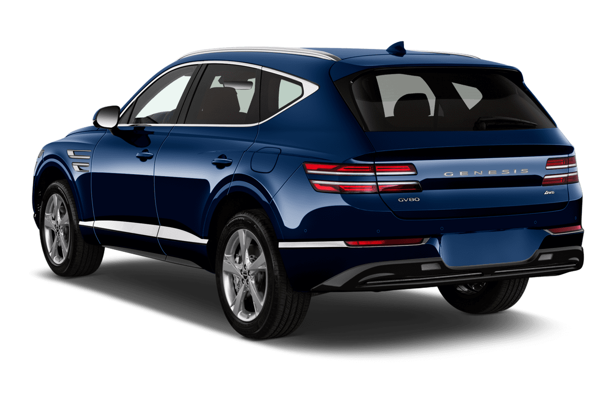 Schräge Heckansicht eines Genesis GV80, freigestellt