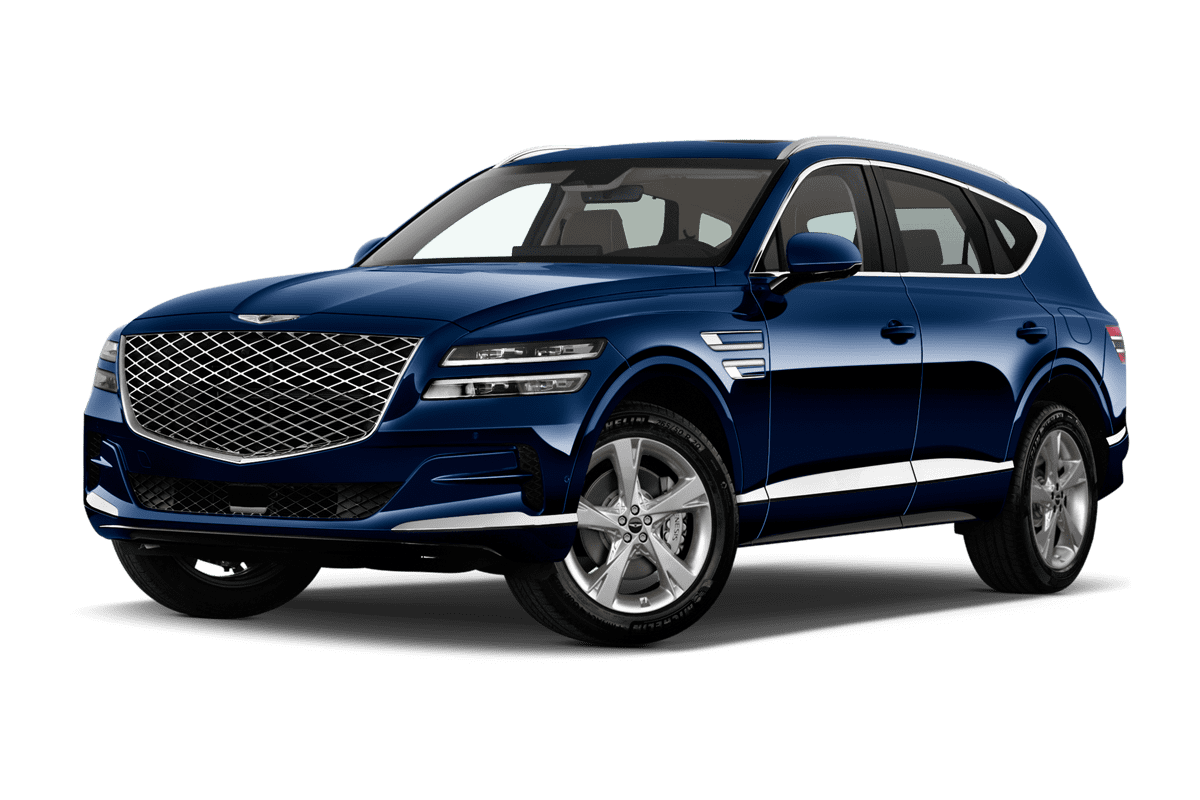 Tiefe, schräge Heckansicht eines Genesis GV80, freigestellt