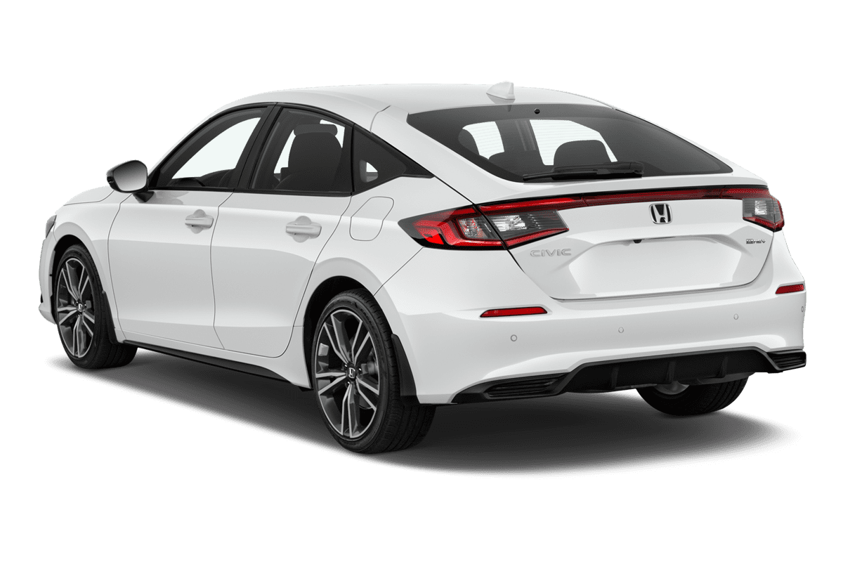 Schräge Heckansicht eines Honda Civic e:HEV, freigestellt