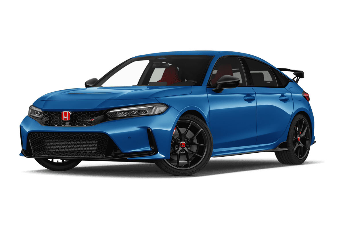 Tiefe, schräge Heckansicht eines Honda Civic Type R , freigestellt