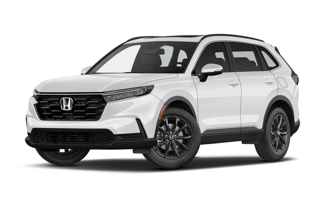 Tiefe, schräge Heckansicht eines Honda CR-V e:HEV, freigestellt