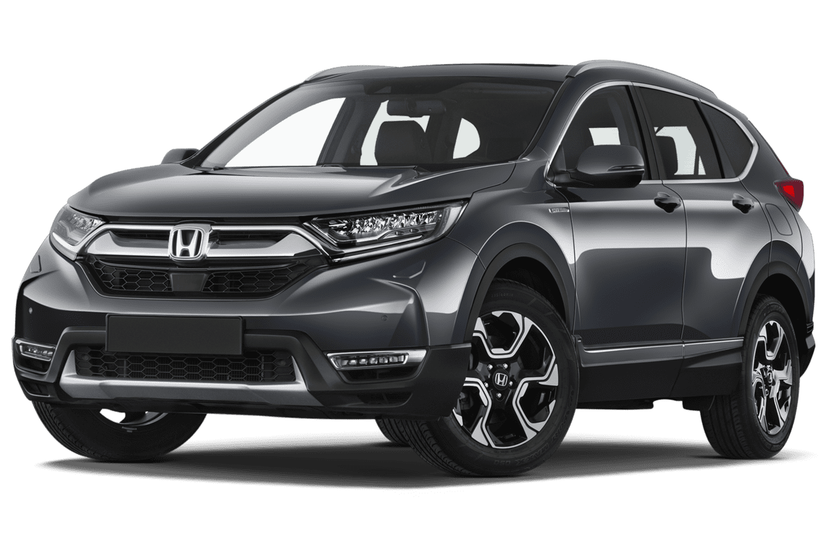 Tiefe, schräge Heckansicht eines Honda CR-V Hybrid, freigestellt