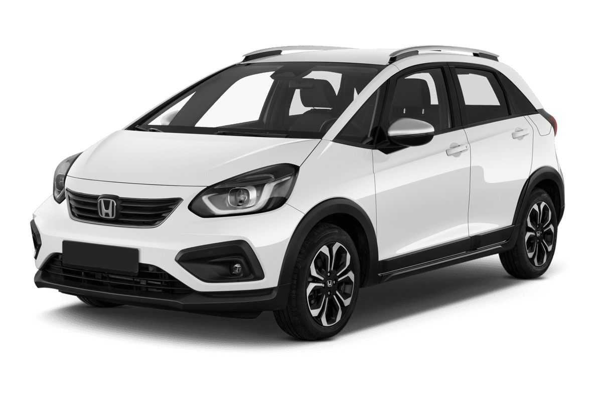 Schräge Frontansicht eines Honda Jazz e:HEV, freigestellt