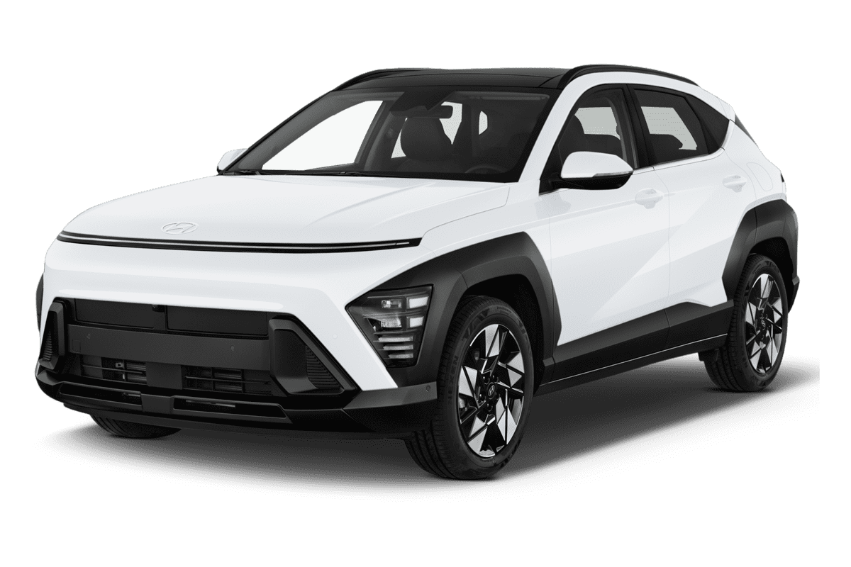 Schräge Frontansicht eines Hyundai Kona Hybrid , freigestellt