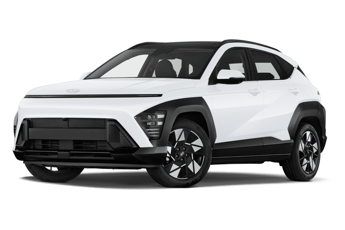 Tiefe, schräge Heckansicht eines Hyundai Kona Hybrid , freigestellt