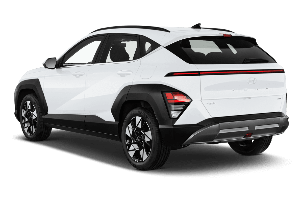 Schräge Heckansicht eines Hyundai Kona Hybrid , freigestellt