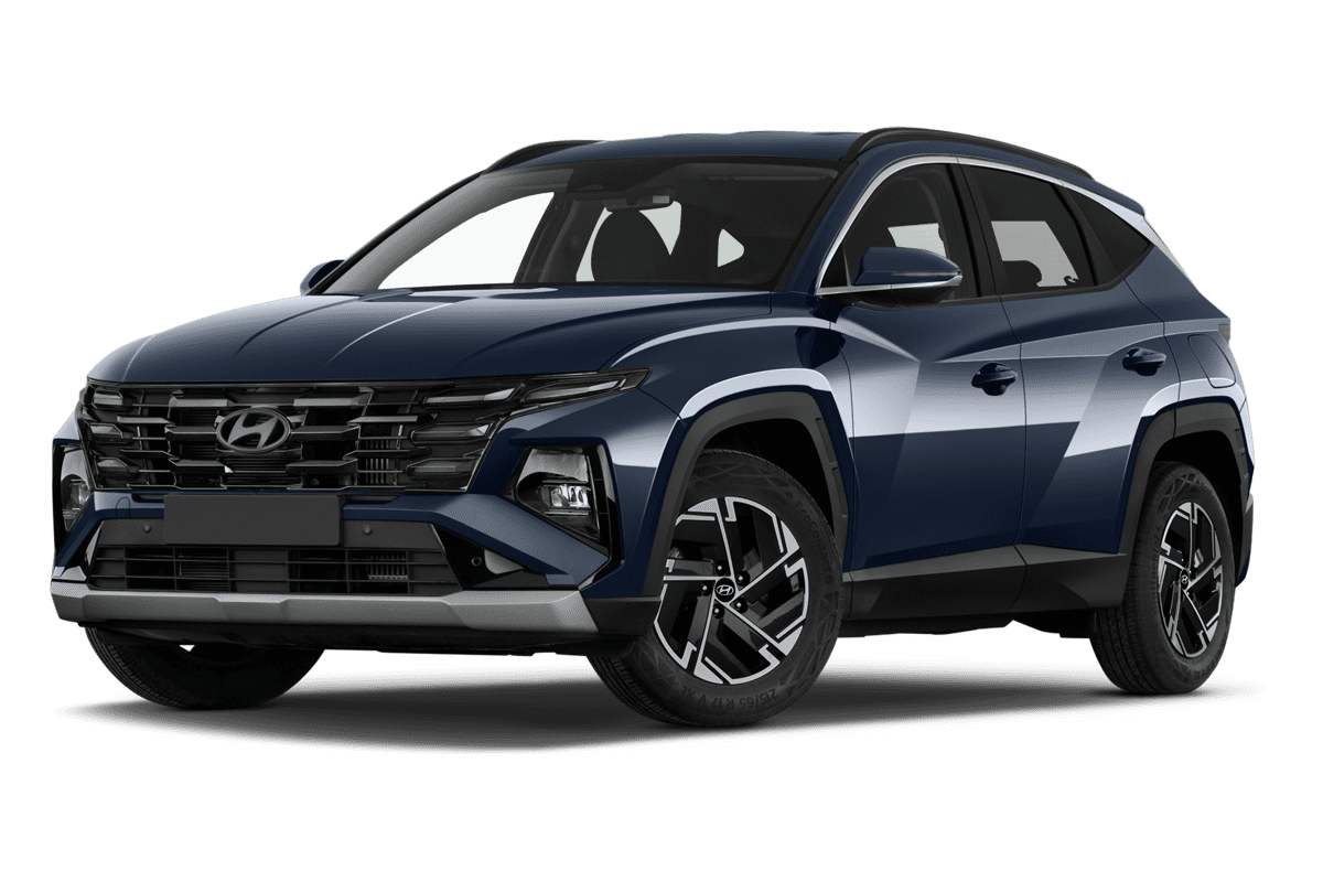 Tiefe, schräge Heckansicht eines Hyundai Tucson , freigestellt