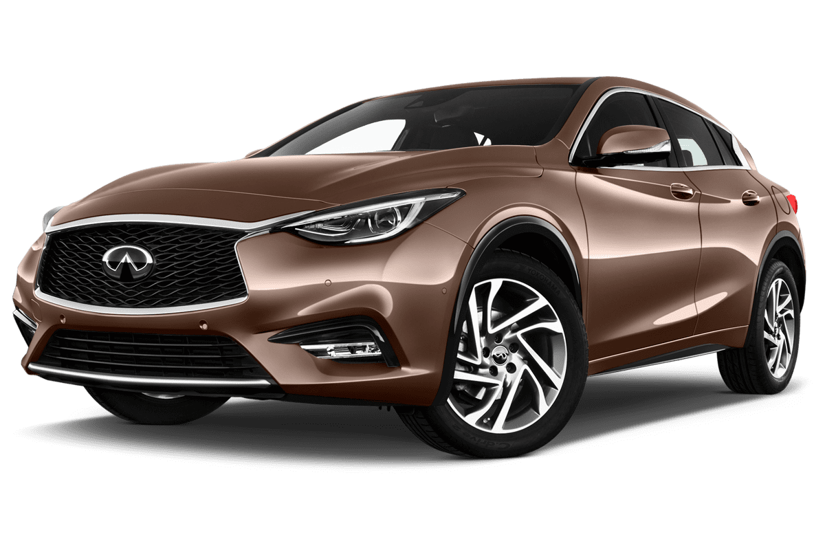 Tiefe, schräge Heckansicht eines Infiniti Q30, freigestellt