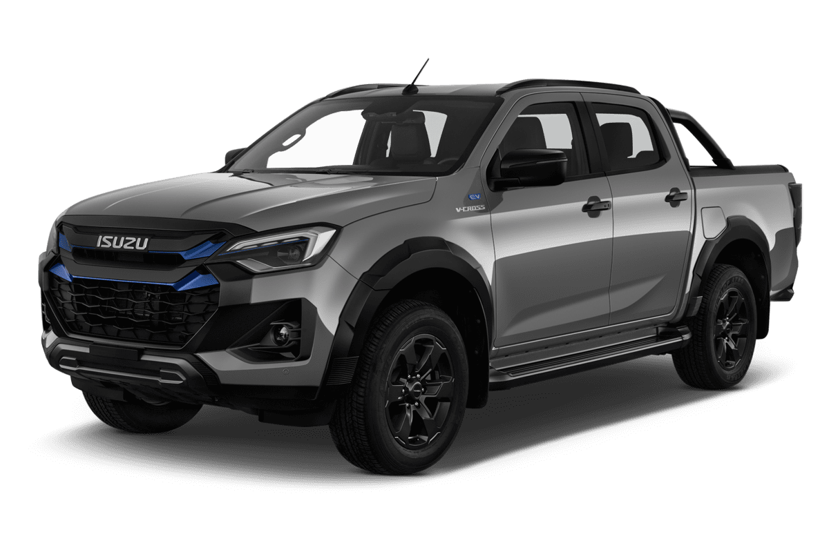 Schräge Frontansicht eines Isuzu D-MAX Doppelkabine Pritschenwagen, freigestellt