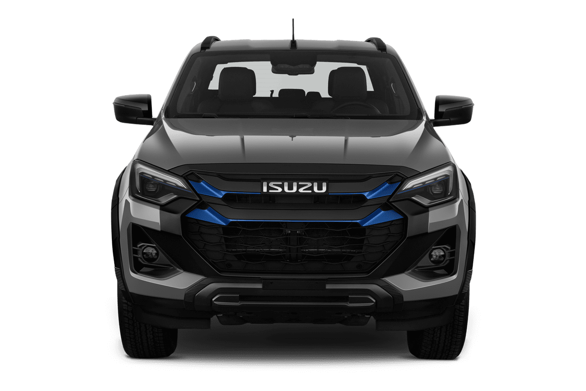 Frontansicht eines Isuzu D-MAX Doppelkabine Pritschenwagen, freigestellt