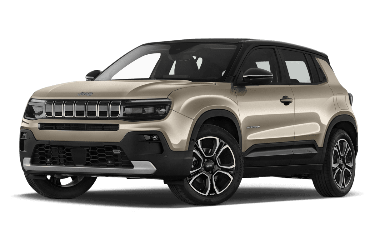 Tiefe, schräge Heckansicht eines Jeep Avenger Elektro, freigestellt