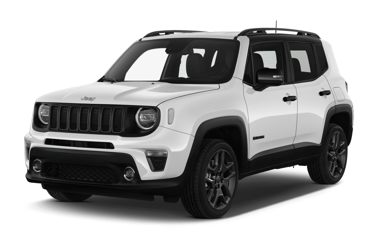 Schräge Frontansicht eines Jeep Renegade Plug-In-Hybrid, freigestellt