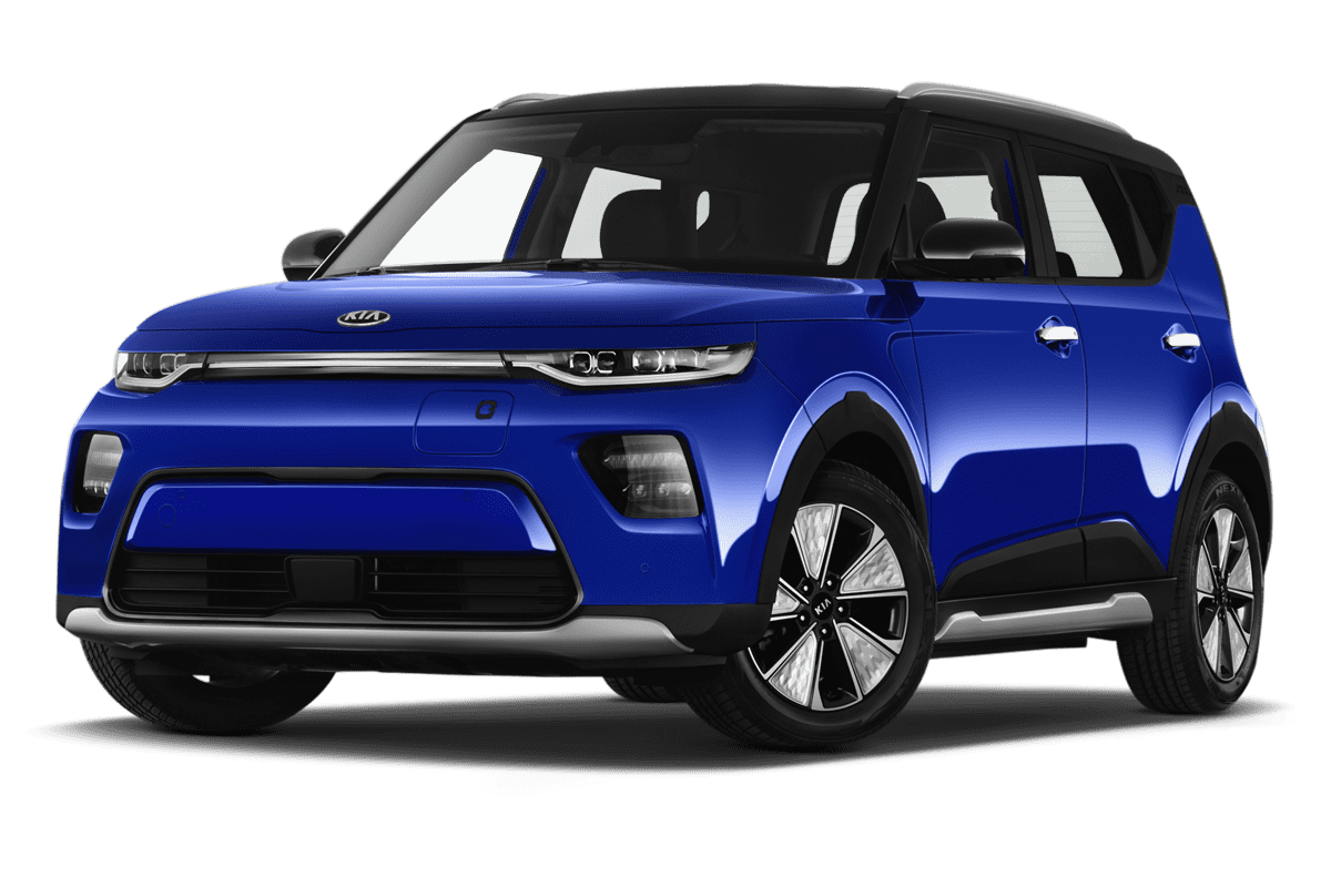 Tiefe, schräge Heckansicht eines KIA e-Soul, freigestellt