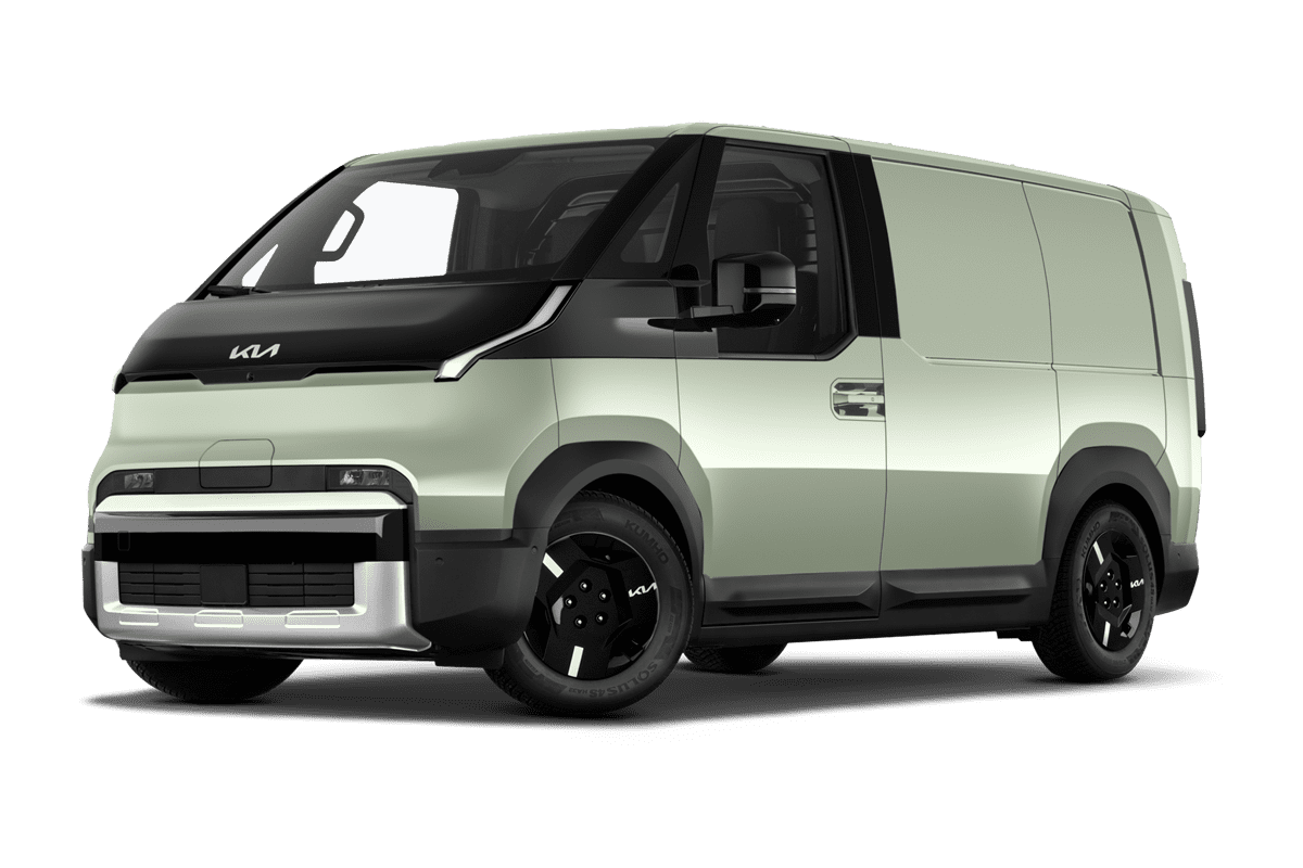 Tiefe, schräge Heckansicht eines KIA PV 5 Cargo, freigestellt