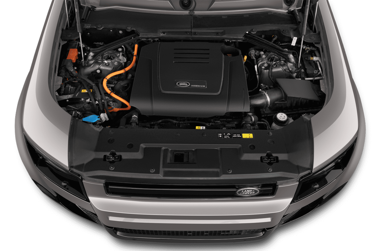 Motorraum eines Land Rover Defender Plug-In-Hybrid
