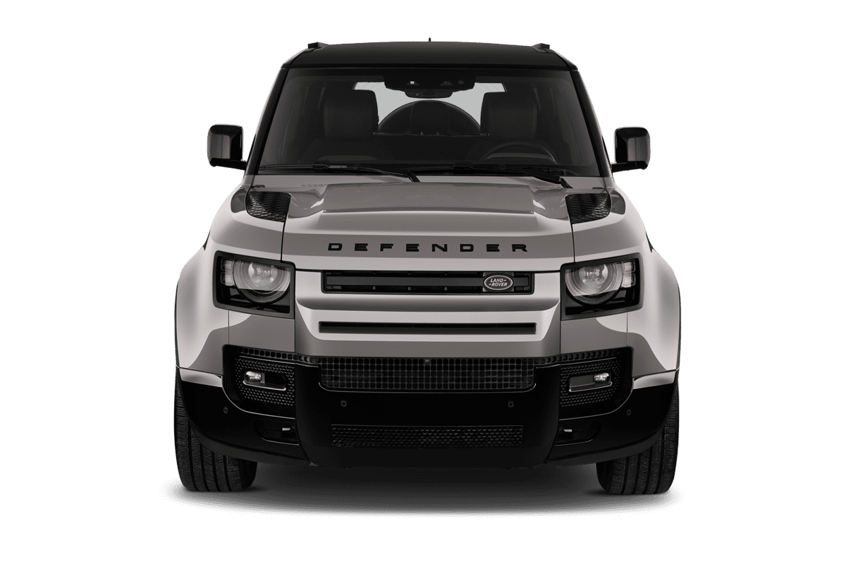 Frontansicht eines Land Rover Defender Plug-In-Hybrid, freigestellt