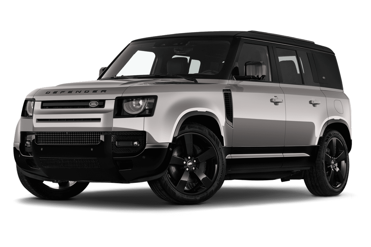 Tiefe, schräge Heckansicht eines Land Rover Defender Plug-In-Hybrid, freigestellt