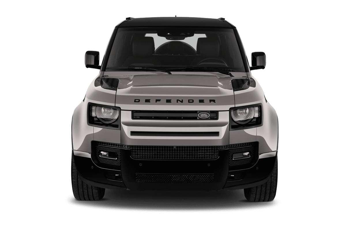 Frontansicht eines Land Rover Defender Plug-In-Hybrid, freigestellt